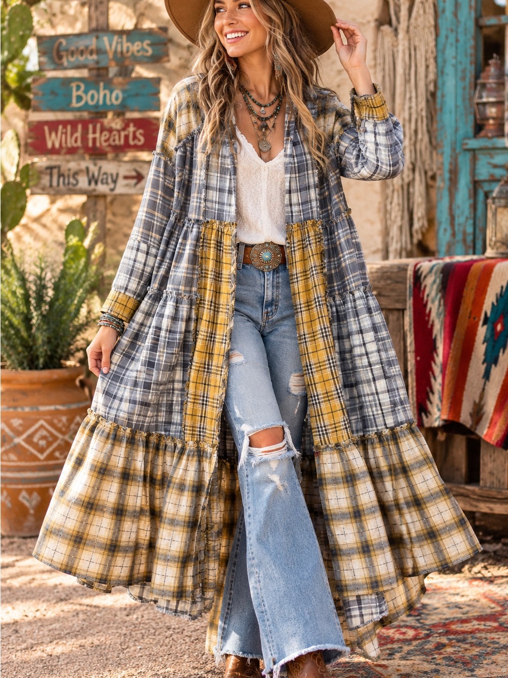 Oli & Hali Yellow and Blue Plaid Tiered Skirt